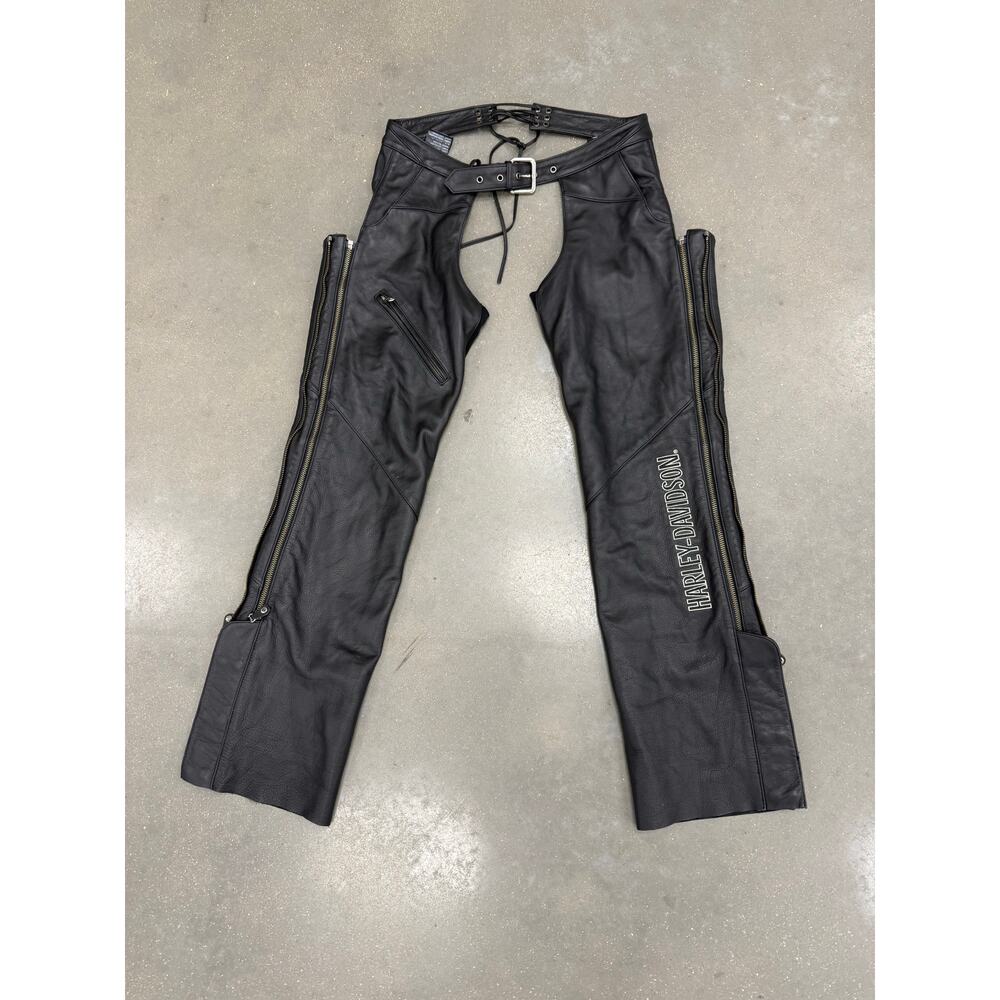 HARLEY DAVIDSON DUAL ZIP WOMEN’S SIZE M DELUXE BLACK SOFT LEATHER CHAPS MOTO EUC